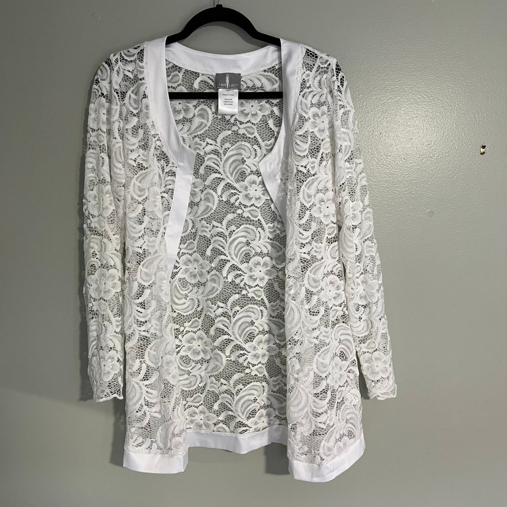 Fair Lady White Floral‎ Lace Open Front Cardigan Satin Trim Long Sleeve Size 40